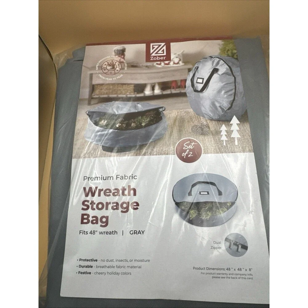 Set of 2 ZOBER Wreath Storage Bags 48” Gray New in Package 48x48x8